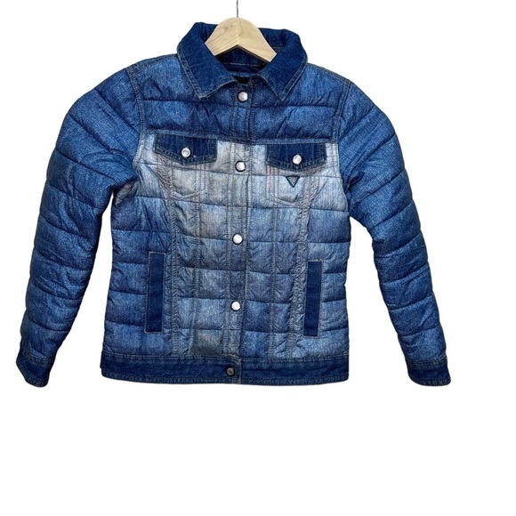 Guess Blue Lightweight Puffer Faux Denim Jacket Size 7​ - Picture 1 of 10